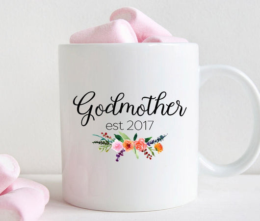 Godmother est 2017 Coffee Mug, New Godmother Pregnancy Announcement Gift (M455)